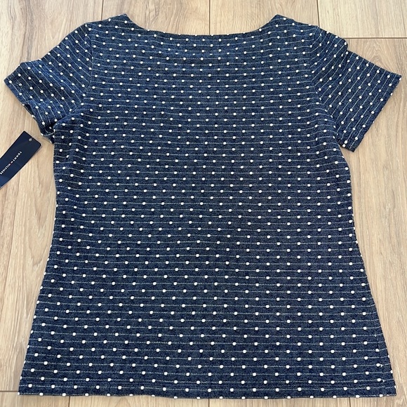 NWT Tommy Hilfiger Navy Polka Dot Boat Neck Short Sleeve Tight Knit Top - Picture 7 of 7